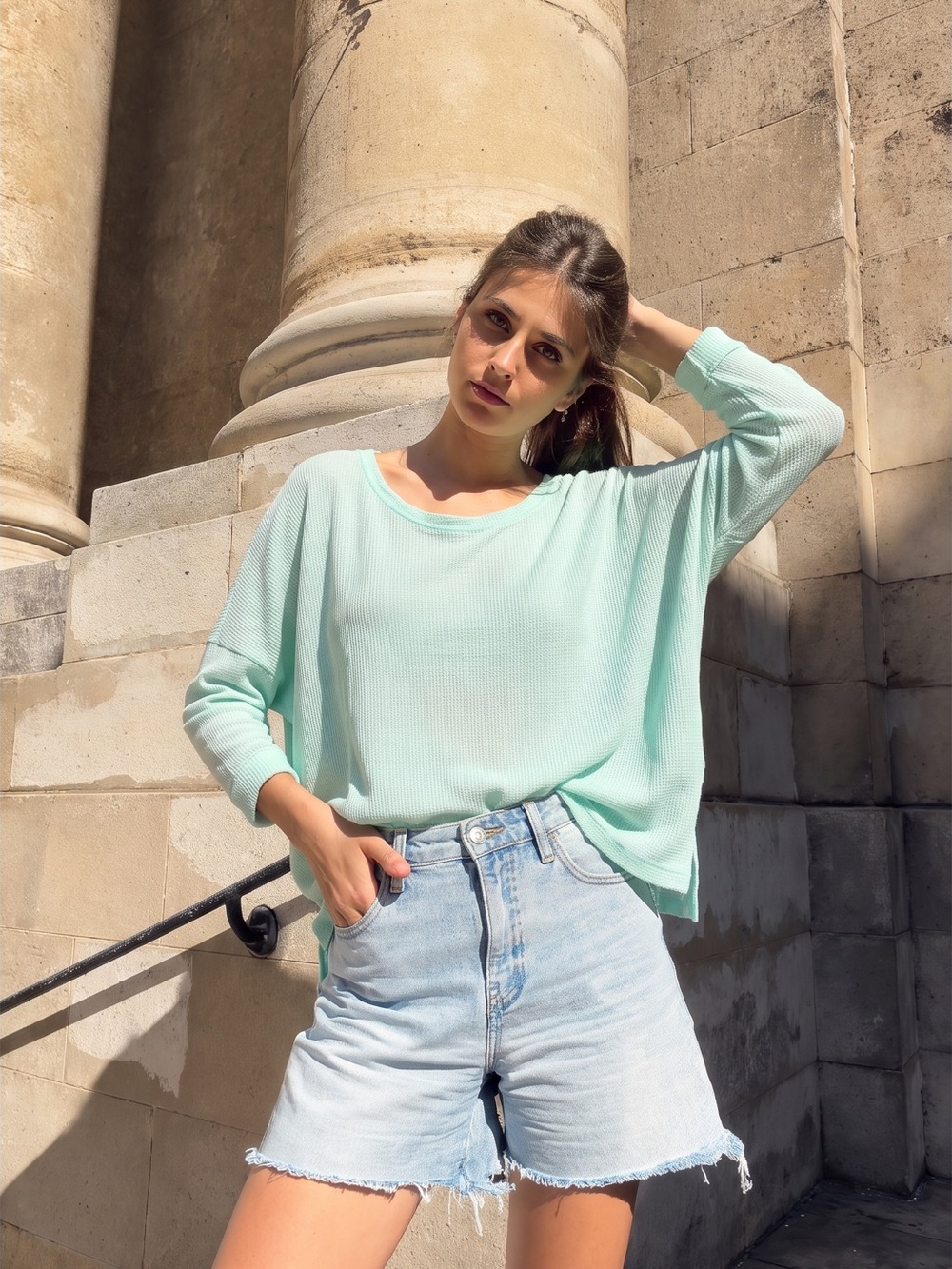 Free People Mint Lightweight Waffle Oversized Thermal Top Split Back Size S